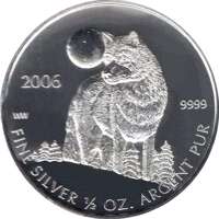reverse of 1 Dollar - Elizabeth II - Timber Wolf ? (2006) coin with KM# 718 from Canada. Inscription: 2006 WW 9999 FINE SILVER ½ OZ. ARGENT PUR