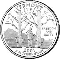 United States coin 1/4 Dollar - Vermont - Washington Quarter (2001) reverse reverse of 1/4 Dollar - Vermont - Washington Quarter (2001) coin with KM# 321 from United States. Inscription: VERMONT 1791 FREEDOM AND UNITY 2001 E PLURIBUS UNUM TJF