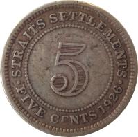 Straits Settlements coin 5 Cents - George V (1926 - 1935) reverse reverse of 5 Cents - George V (1926 - 1935) coin with KM# 36 from Straits Settlements. Inscription: · STRAITS SETTLEMENTS · 5 FIVE CENTS 1926
