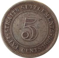 reverse of 5 Cents - George V (1926 - 1935) coin with KM# 36 from Straits Settlements. Inscription: · STRAITS SETTLEMENTS · 5 FIVE CENTS 1926