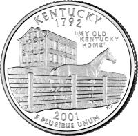 United States coin 1/4 Dollar - Kentucky - Washington Quarter (2001) reverse reverse of 1/4 Dollar - Kentucky - Washington Quarter (2001) coin with KM# 322 from United States. Inscription: KENTUCKY 1792