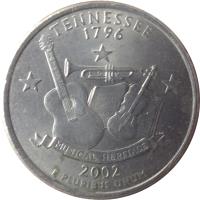 reverse of 1/4 Dollar - Tennessee - Washington Quarter (2002) coin with KM# 331 from United States. Inscription: TENNESSEE 1796 MUSICAL HERITAGE 2002 E PLURIBUS UNUM