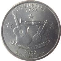 United States coin 1/4 Dollar - Tennessee - Washington Quarter (2002) reverse reverse of 1/4 Dollar - Tennessee - Washington Quarter (2002) coin with KM# 331 from United States. Inscription: TENNESSEE 1796 MUSICAL HERITAGE 2002 E PLURIBUS UNUM