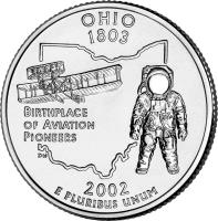 United States coin 1/4 Dollar - Ohio - Washington Quarter (2002) reverse reverse of 1/4 Dollar - Ohio - Washington Quarter (2002) coin with KM# 332 from United States. Inscription: OHIO 1803 BIRTHPLACE OF AVIATION PIONEERS 2002 E PLURIBUS UNUM