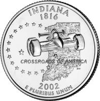 United States coin 1/4 Dollar - Indiana - Washington Quarter (2002) reverse reverse of 1/4 Dollar - Indiana - Washington Quarter (2002) coin with KM# 334 from United States. Inscription: INDIANA 1816 CROSSROADS OF AMERICA 2002 E PLURIBUS UNUM