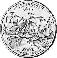 United States coin 1/4 Dollar - Mississippi - Washington Quarter (2002) reverse reverse of 1/4 Dollar - Mississippi - Washington Quarter (2002) coin with KM# 335 from United States. Inscription: MISSISSIPPI 1817 THE MAGNOLIA STATE 2002 E PLURIBUS UNIM