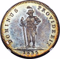 Swiss cantons coin 2 Franken (1835) reverse reverse of 2 Franken (1835) coin with KM# 198 from Swiss cantons. Inscription: DOMINUS PROVIDEBIT 1835