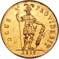 Swiss cantons coin 1 Duplone (1819) reverse reverse of 1 Duplone (1819) coin with KM# 163 from Swiss cantons. Inscription: DEUS PROVIDEBIT 1819