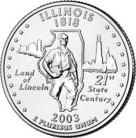 United States coin 1/4 Dollar - Illinois - Washington Quarter (2003) reverse reverse of 1/4 Dollar - Illinois - Washington Quarter (2003) coin with KM# 343 from United States. Inscription: ILLINOIS 1818 LAND OF LINCOLN 21st STATE CENTURY 2003 E PLURIBUS UNUM