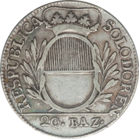 Swiss cantons coin 20 Batzen (1795 - 1798) obverse obverse of 20 Batzen (1795 - 1798) coin with KM# 57 from Swiss cantons. Inscription: RESPUBLICA SOLODOREN 20•BAZ•