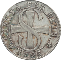 Swiss cantons coin 20 Batzen (1795 - 1798) reverse reverse of 20 Batzen (1795 - 1798) coin with KM# 57 from Swiss cantons. Inscription: CUNCTA PER DEUM 1798