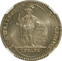 Swiss cantons coin 1 Frank (1812) reverse reverse of 1 Frank (1812) coin with KM# 70 from Swiss cantons. Inscription: SCHWEIZER: EIDSGENOSS: XIX CAN: TONE 1.FRANK: