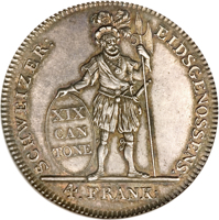 Swiss cantons coin 4 Franken (1812) reverse reverse of 4 Franken (1812) coin with KM# 20 from Swiss cantons. Inscription: SCHWEIZER: EIDSGENOSSENS: XIX CAN TONE 4. FRANK: