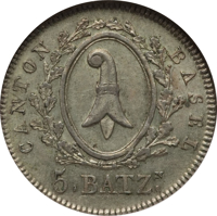 Swiss cantons coin 5 Batzen (1826) obverse obverse of 5 Batzen (1826) coin with KM# 210 from Swiss cantons. Inscription: CANTON BASEL 5.BATZᴺ.