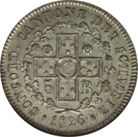 Swiss cantons coin 5 Batzen (1826) reverse reverse of 5 Batzen (1826) coin with KM# 210 from Swiss cantons. Inscription: CONCORD.CANTONE DER SCHWEIZ 5 B •1826•