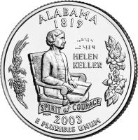 United States coin 1/4 Dollar - Alabama - Washington Quarter (2003) reverse reverse of 1/4 Dollar - Alabama - Washington Quarter (2003) coin with KM# 344 from United States. Inscription: ALABAMA 1819 HELEN KELLER SPIRIT OF COURAGE NEN 2003 E PLURIBUS UNUM