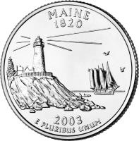 reverse of 1/4 Dollar - Maine - Washington Quarter (2003) coin with KM# 345 from United States. Inscription: MAINE 1820 2003 E PLURIBUS UNUM