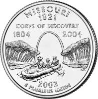 United States coin 1/4 Dollar - Missouri - Washington Quarter (2003) reverse reverse of 1/4 Dollar - Missouri - Washington Quarter (2003) coin with KM# 346 from United States. Inscription: MISSOURI 1821 CORPS OF DISCOVERY 1804-2004 2003 E PLURIBUS UNUM