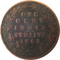 Straits Settlements coin 1 Cent - Victoria (1862) reverse reverse of 1 Cent - Victoria (1862) coin with KM# 6 from Straits Settlements. Inscription: ONE CENT INDIA STRAITS 1862