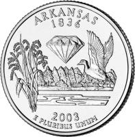 United States coin 1/4 Dollar - Arkansas - Washington Quarter (2003) reverse reverse of 1/4 Dollar - Arkansas - Washington Quarter (2003) coin with KM# 347 from United States. Inscription: ARKANSAS 1836 2003 E PLURIBUS UNUM