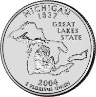 reverse of 1/4 Dollar - Michigan - Washington Quarter (2004) coin with KM# 355 from United States. Inscription: MICHIGAN 1837 GREAT LAKES STATE 2004 E PLURIBUS UNUM