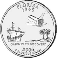 United States coin 1/4 Dollar - Florida - Washington Quarter (2004) reverse reverse of 1/4 Dollar - Florida - Washington Quarter (2004) coin with KM# 356 from United States. Inscription: FLORIDA 1845 GATEWAY TO DISCOVERY 2004 E PLURIBUS UNUM