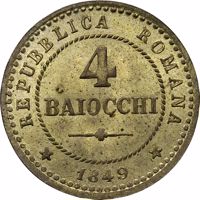 Italian States coin 4 Baiocchi (1848 - 1849) reverse reverse of 4 Baiocchi (1848 - 1849) coin with KM# 24 from Italian States. Inscription: REPUBICA ROMANA 4 BAIOCCHI * 1849 *
