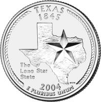United States coin 1/4 Dollar - Texas - Washington Quarter (2004) reverse reverse of 1/4 Dollar - Texas - Washington Quarter (2004) coin with KM# 357 from United States. Inscription: TEXAS 1845 THE LONE STAR STATE 2004 NEN E PLURIBUS UNUM