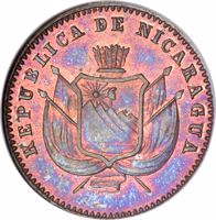 obverse of 1 Centavo (1892) coin with KM# Pn5 from Nicaragua. Inscription: REPUBLICA DE NICARAGUA