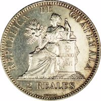 reverse of 2 Reales (1893) coin with KM# Pn14 from Guatemala. Inscription: REPUBLICA DE GUATEMALA 30 DE JUNIO DE 1871 DOS REALES LAGRANGE