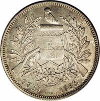 obverse of 4 Reales (1893) coin with KM# Pn15 from Guatemala. Inscription: LIBERTAD 15 DE SETIEMBRE DE 1821 0,835 ESSAI 1893