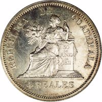Guatemala coin 4 Reales (1893) reverse reverse of 4 Reales (1893) coin with KM# Pn15 from Guatemala. Inscription: REPUBLICA DE GUATEMALA 30 DE JUNIO DE 1871 CUATRO REALES LAGRANGE