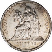 Guatemala coin 1 Peso (1893) reverse reverse of 1 Peso (1893) coin with KM# Pn16 from Guatemala. Inscription: REPUBLICA DE GUATEMALA 30 DE JUNIO DE 1871 UN PESO LAGRANGE