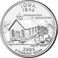 United States coin 1/4 Dollar - Iowa - Washington Quarter (2004) reverse reverse of 1/4 Dollar - Iowa - Washington Quarter (2004) coin with KM# 358 from United States. Inscription: IOWA 1846 FOUNDATION IN EDUCATION GRANT WOOD 2004 E PLURIBUS UNUM