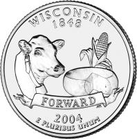 reverse of 1/4 Dollar - Wisconsin - Washington Quarter (2004) coin with KM# 359 from United States. Inscription: WISCONSIN 1848 FORWARD 2004 E PLURIBUS UNUM