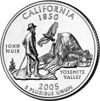 United States coin 1/4 Dollar - California - Washington Quarter (2005) reverse reverse of 1/4 Dollar - California - Washington Quarter (2005) coin with KM# 370 from United States. Inscription: CALIFORNIA 1850 JOHN MUIR YOSEMITE VALLEY 2005 E PLURIBUS UNUM