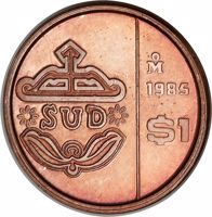 Mexico coin 1 Peso (1985) reverse reverse of 1 Peso (1985) coin with KM# Pn233 from Mexico. Inscription: SUD 1985 Mo $1