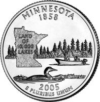 United States coin 1/4 Dollar - Minnesota - Washington Quarter (2005) reverse reverse of 1/4 Dollar - Minnesota - Washington Quarter (2005) coin with KM# 371 from United States. Inscription: MINNESOTA 1858 LAND OF 10,000 LAKES 2005 E PLURIBUS UNUM
