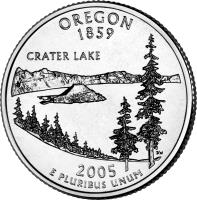United States coin 1/4 Dollar - Oregon - Washington Quarter (2005) reverse reverse of 1/4 Dollar - Oregon - Washington Quarter (2005) coin with KM# 372 from United States. Inscription: OREGON 1859 CRATER LAKE 2005 E PLURIBUS UNUM