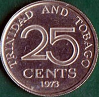 reverse of 25 Cents - Elizabeth II (1973) coin with KM# 59 from Trinidad and Tobago. Inscription: TRINIDAD AND TOBAGO 25 CENTS 1973
