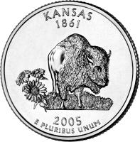 United States coin 1/4 Dollar - Kansas - Washington Quarter (2005) reverse reverse of 1/4 Dollar - Kansas - Washington Quarter (2005) coin with KM# 373 from United States. Inscription: KANSAS 1861 2005 E PLURIBUS UNUM