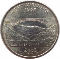 reverse of 1/4 Dollar - West Virginia - Washington Quarter (2005) coin with KM# 374 from United States. Inscription: WEST VIRGINIA 1863 NEW RIVER GORGE JM 2005 E PLURIBUS UNUM