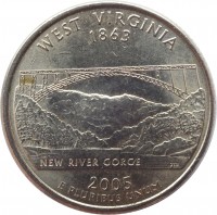 United States coin 1/4 Dollar - West Virginia - Washington Quarter (2005) reverse reverse of 1/4 Dollar - West Virginia - Washington Quarter (2005) coin with KM# 374 from United States. Inscription: WEST VIRGINIA 1863 NEW RIVER GORGE JM 2005 E PLURIBUS UNUM