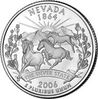 United States coin 1/4 Dollar - Nevada - Washington Quarter (2006) reverse reverse of 1/4 Dollar - Nevada - Washington Quarter (2006) coin with KM# 382 from United States. Inscription: NEVADA 1864 THE SILVER STATE 2006 E PLUPIBUS UNUM