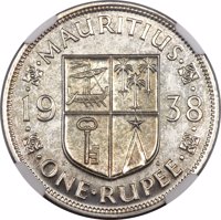 Mauritius coin 1 Rupee - George VI (1938) reverse reverse of 1 Rupee - George VI (1938) coin with KM# 19 from Mauritius. Inscription: MAURITIUS 19 38 K G ONE RUPEE