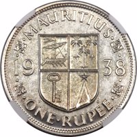 reverse of 1 Rupee - George VI (1938) coin with KM# 19 from Mauritius. Inscription: MAURITIUS 19 38 K G ONE RUPEE