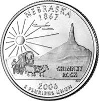 reverse of 1/4 Dollar - Nebraska - Washington Quarter (2006) coin with KM# 383 from United States. Inscription: Nebraska 1867 Chimney Rock 2006 E PLURIBUS UNUM