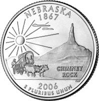 United States coin 1/4 Dollar - Nebraska - Washington Quarter (2006) reverse reverse of 1/4 Dollar - Nebraska - Washington Quarter (2006) coin with KM# 383 from United States. Inscription: Nebraska 1867 Chimney Rock 2006 E PLURIBUS UNUM