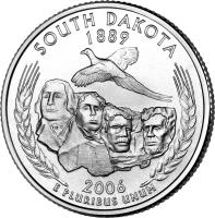 reverse of 1/4 Dollar - South Dakota - Washington Quarter (2006) coin with KM# 386 from United States. Inscription: SOUTH DAKOTA 1889 2006 E PLURIBUS UNUM