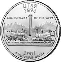 reverse of 1/4 Dollar - Utah - Washington Quarter (2007) coin with KM# 400 from United States. Inscription: UTAH 1896 CROSSROADS OF THE WEST 2007 E PLURIBUS UNUM